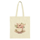 Floral Tea Cup Tote Bag, Flower Arrangement in Teacup, Aesthetic Tote, Watercolor Design, Botanical Art, Gift for Her, Book Lover, Cute - Tawshia